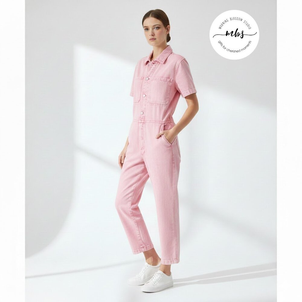 AMO Luna Denim Short Sleeve Relaxed Fit Jumpsuit Pink Women S